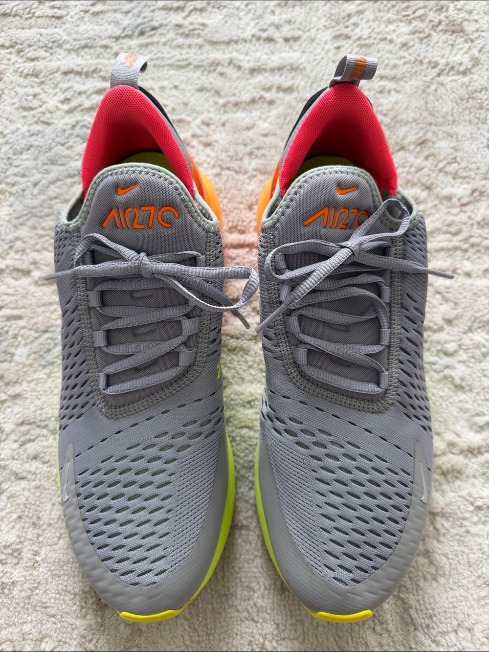 Nike Air 270 Men Grey Sneakers with Neon Orange and Yellow Accents